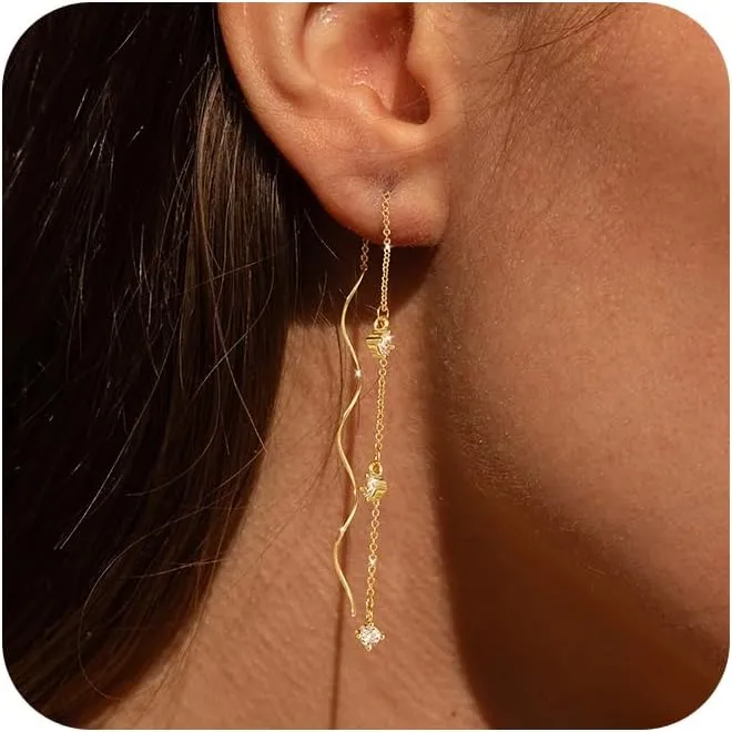 Moodear Dangle Earrings for Women - Dainty 14K Gold/Silver Plated Stack Long Drop Chain Earring Hypoallergenic Cubic Zirconia Hoop Stud Earrings Non Tarnish Trendy Jewelry Set