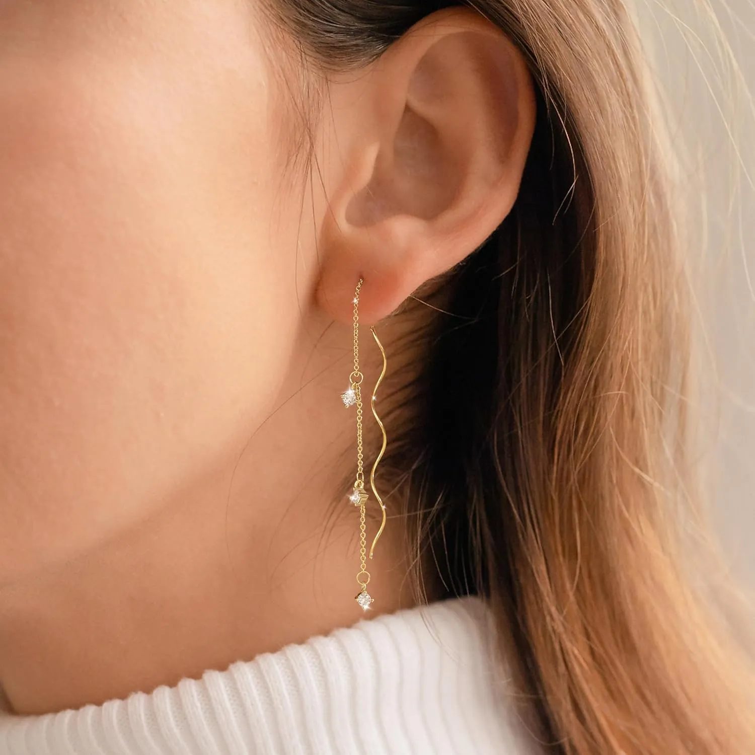 Moodear Dangle Earrings for Women - Dainty 14K Gold/Silver Plated Stack Long Drop Chain Earring Hypoallergenic Cubic Zirconia Hoop Stud Earrings Non Tarnish Trendy Jewelry Set