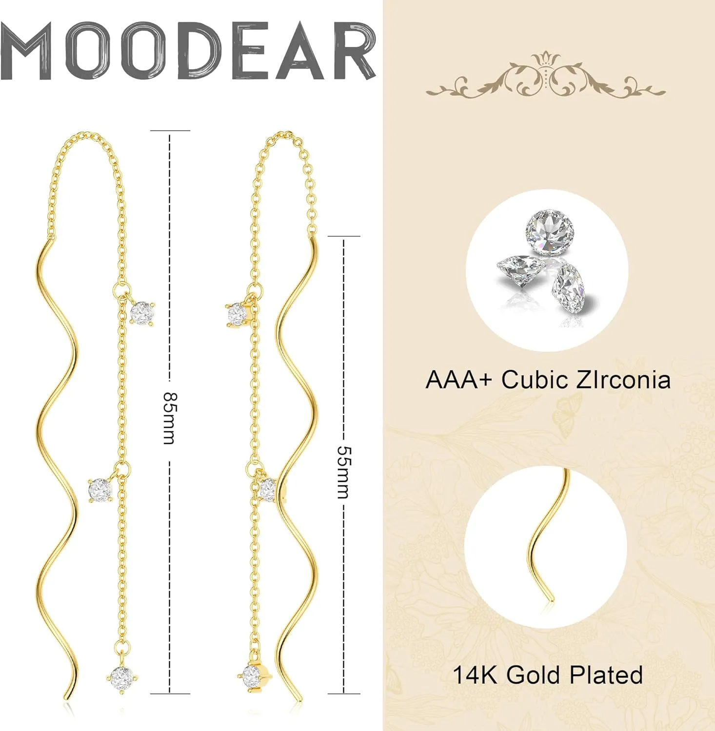 Moodear Dangle Earrings for Women - Dainty 14K Gold/Silver Plated Stack Long Drop Chain Earring Hypoallergenic Cubic Zirconia Hoop Stud Earrings Non Tarnish Trendy Jewelry Set