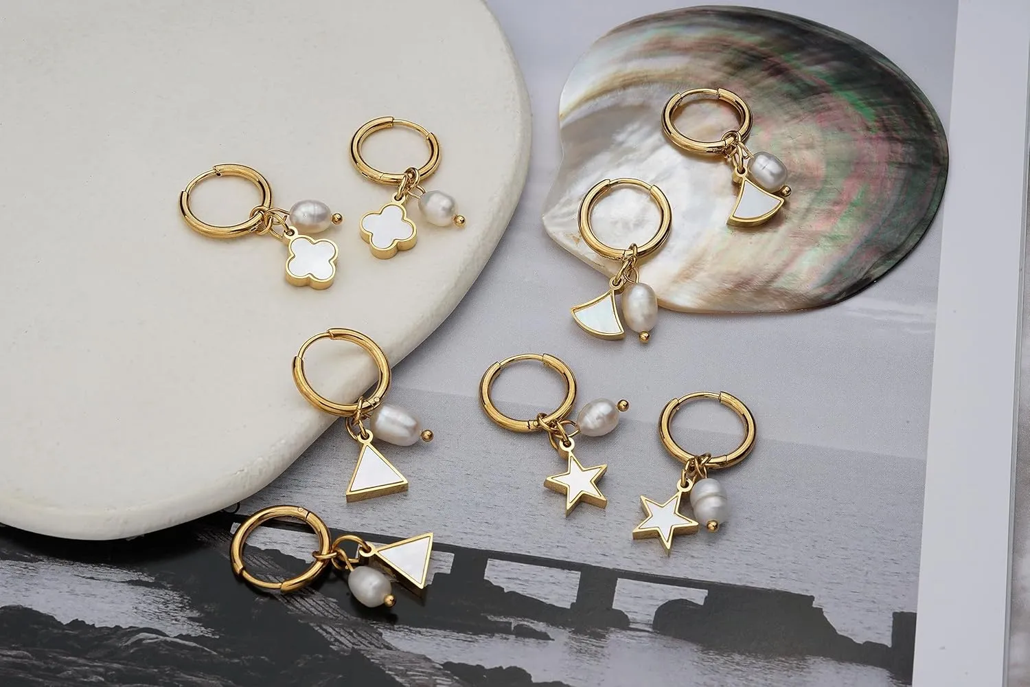Mother of Pearl Earrings for Women Gold Plated Dainty Butterfly Flower Clover Star Heart Stud Earrings White Shell Cute Earrings for Women Girls Gold Pearl Drop Earrings