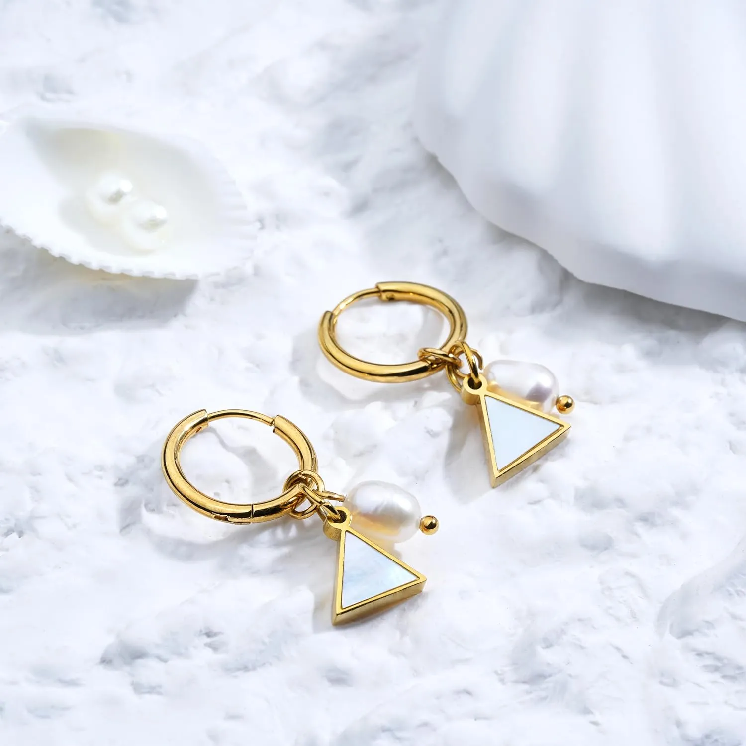 Mother of Pearl Earrings for Women Gold Plated Dainty Butterfly Flower Clover Star Heart Stud Earrings White Shell Cute Earrings for Women Girls Gold Pearl Drop Earrings
