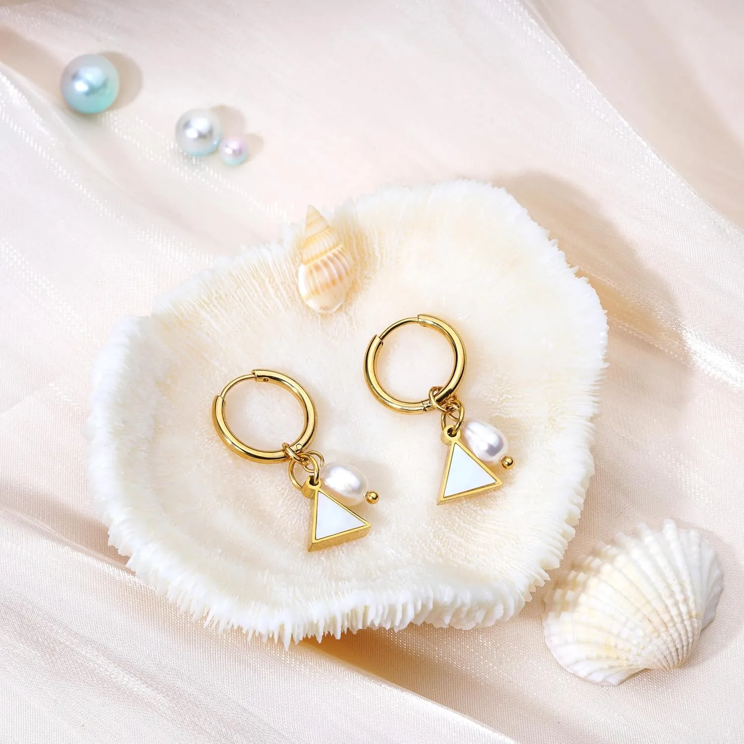 Mother of Pearl Earrings for Women Gold Plated Dainty Butterfly Flower Clover Star Heart Stud Earrings White Shell Cute Earrings for Women Girls Gold Pearl Drop Earrings