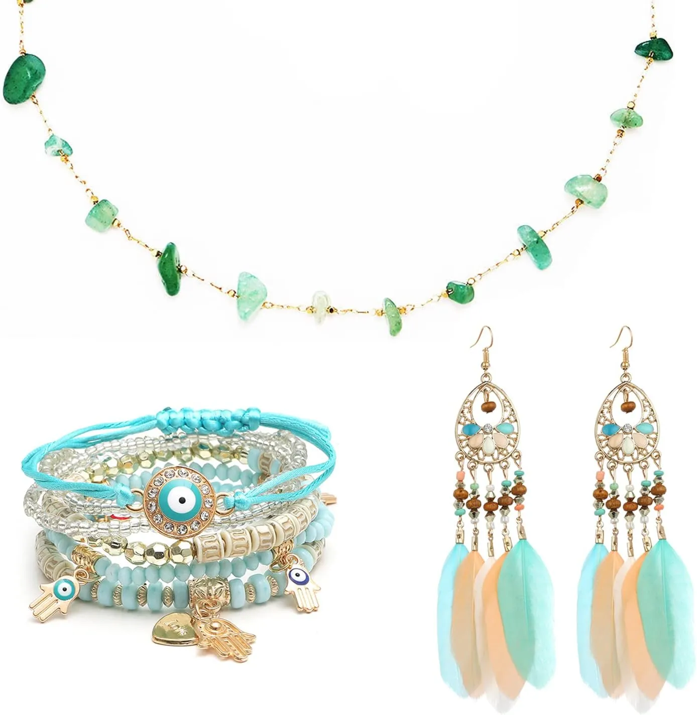 Multilayer Stackable Evil Eye Beaded Charm Bracelets Bohemian Handmade Woven Bracelets, Bohemian Feather Long Drop Earrings and Irregular Green Crystal Stone Beads Gold Chain Necklace