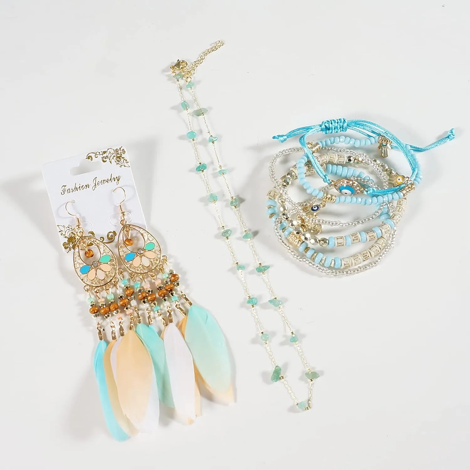 Multilayer Stackable Evil Eye Beaded Charm Bracelets Bohemian Handmade Woven Bracelets, Bohemian Feather Long Drop Earrings and Irregular Green Crystal Stone Beads Gold Chain Necklace