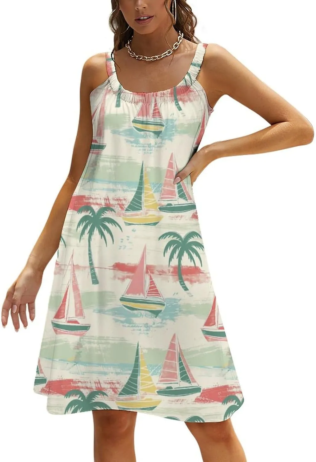 Nautical Sailboat Coconut Palm Trees Spaghetti Strap Dresses for Women Sleeveless Plus Size Loose Midi Beach Vacation Dress