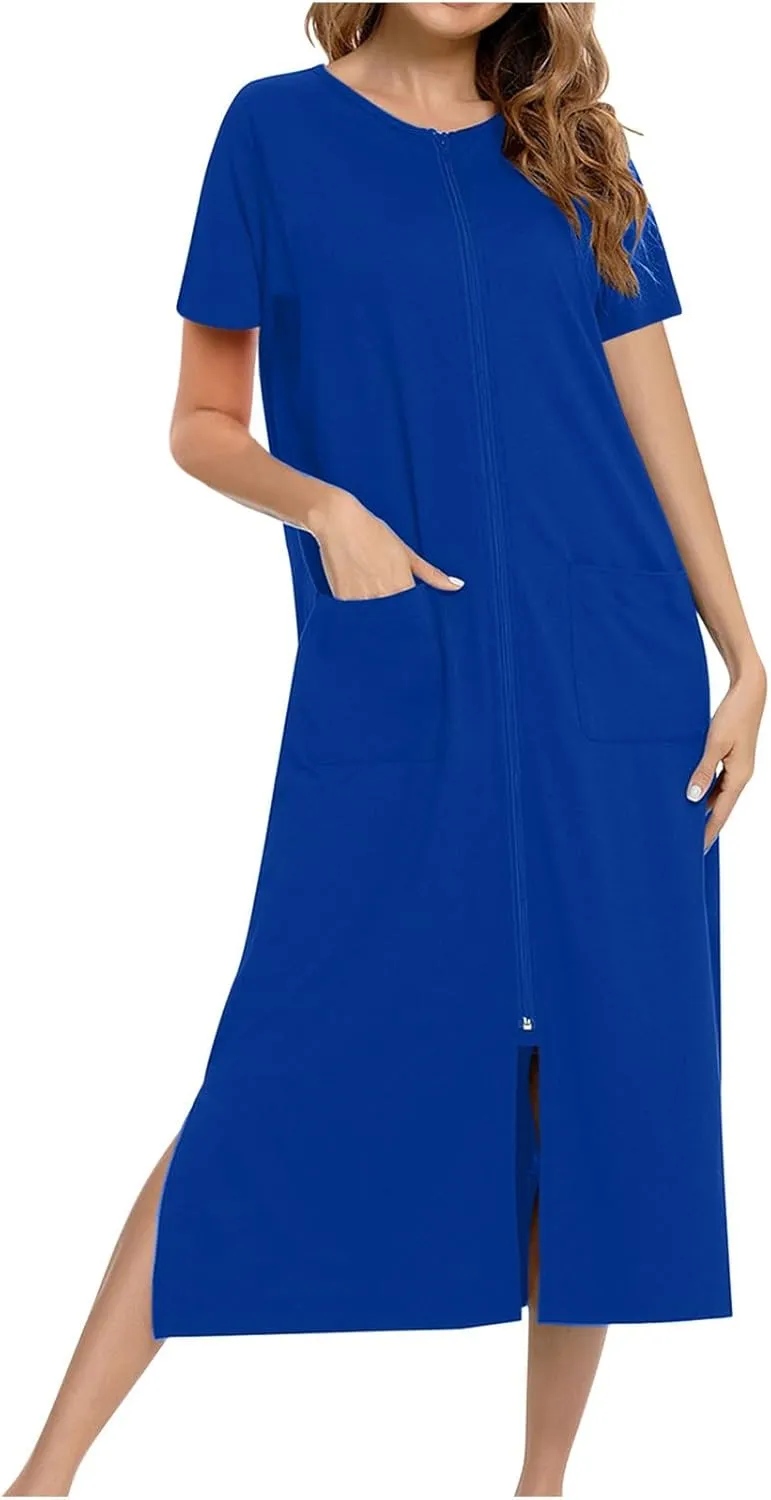 Nightgowns for Women with Pockets Zip up Short Sleeve Split Hem Solid Pajamas Dress Loose Comfy Loungewear Sleepshirt