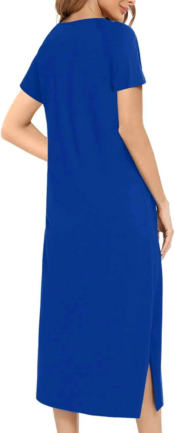 Nightgowns for Women with Pockets Zip up Short Sleeve Split Hem Solid Pajamas Dress Loose Comfy Loungewear Sleepshirt