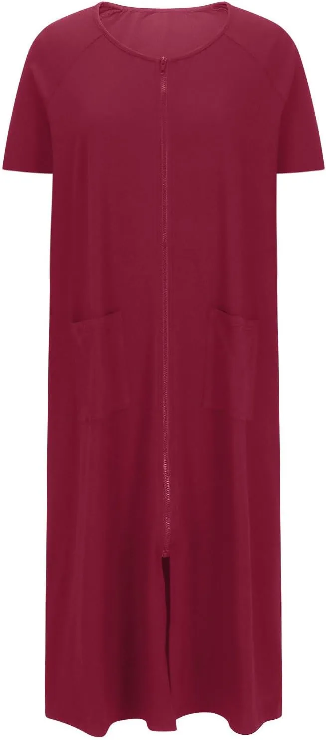 Nightgowns for Women with Pockets Zip up Short Sleeve Split Hem Solid Pajamas Dress Loose Comfy Loungewear Sleepshirt
