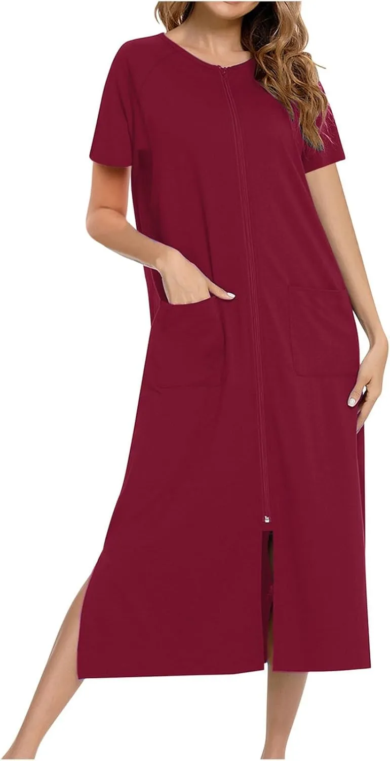 Nightgowns for Women with Pockets Zip up Short Sleeve Split Hem Solid Pajamas Dress Loose Comfy Loungewear Sleepshirt