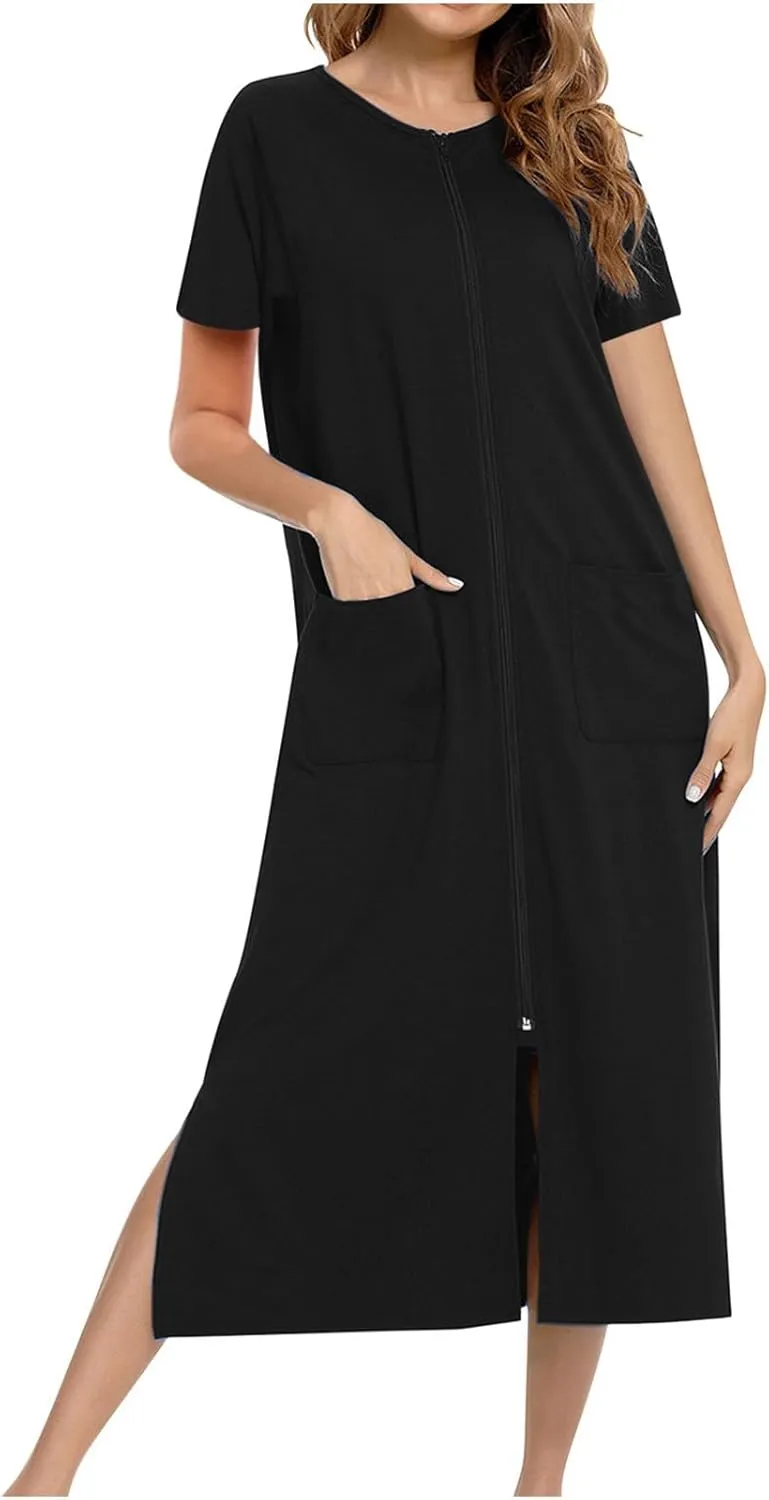 Nightgowns for Women with Pockets Zip up Short Sleeve Split Hem Solid Pajamas Dress Loose Comfy Loungewear Sleepshirt