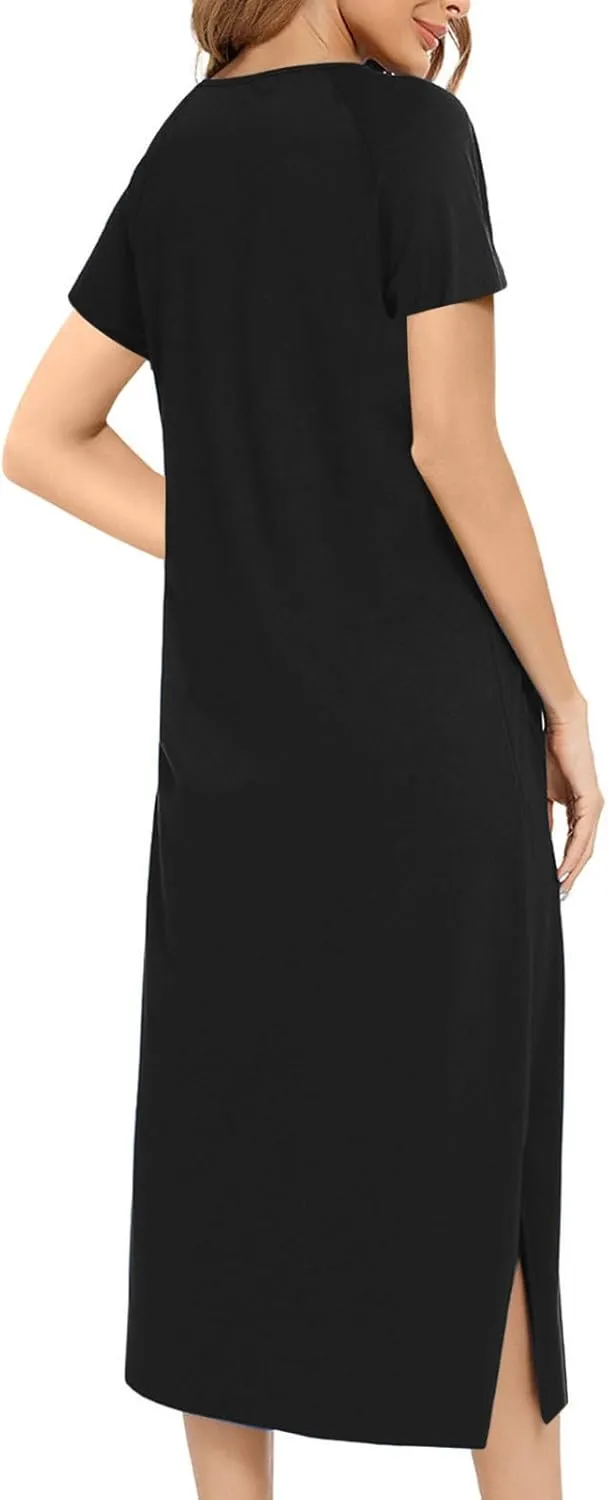 Nightgowns for Women with Pockets Zip up Short Sleeve Split Hem Solid Pajamas Dress Loose Comfy Loungewear Sleepshirt