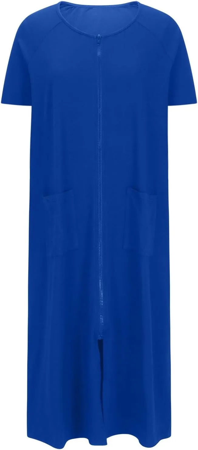 Nightgowns for Women with Pockets Zip up Short Sleeve Split Hem Solid Pajamas Dress Loose Comfy Loungewear Sleepshirt