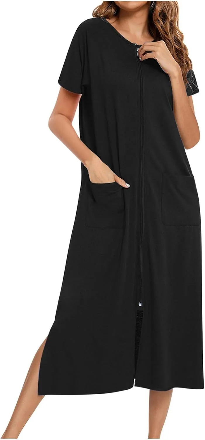 Nightgowns for Women with Pockets Zip up Short Sleeve Split Hem Solid Pajamas Dress Loose Comfy Loungewear Sleepshirt