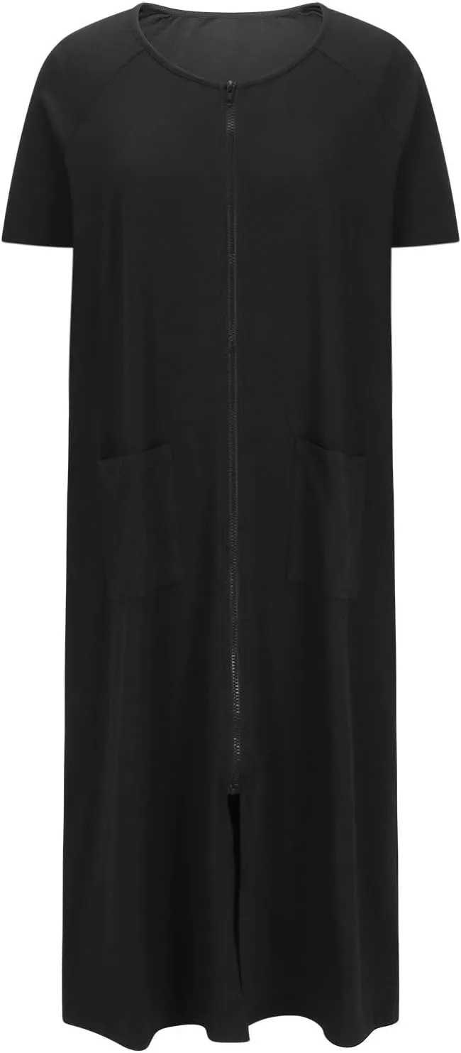 Nightgowns for Women with Pockets Zip up Short Sleeve Split Hem Solid Pajamas Dress Loose Comfy Loungewear Sleepshirt