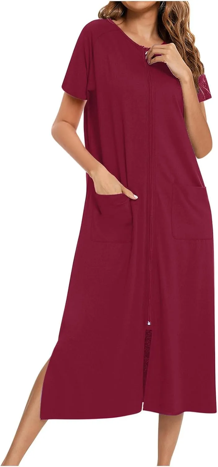Nightgowns for Women with Pockets Zip up Short Sleeve Split Hem Solid Pajamas Dress Loose Comfy Loungewear Sleepshirt
