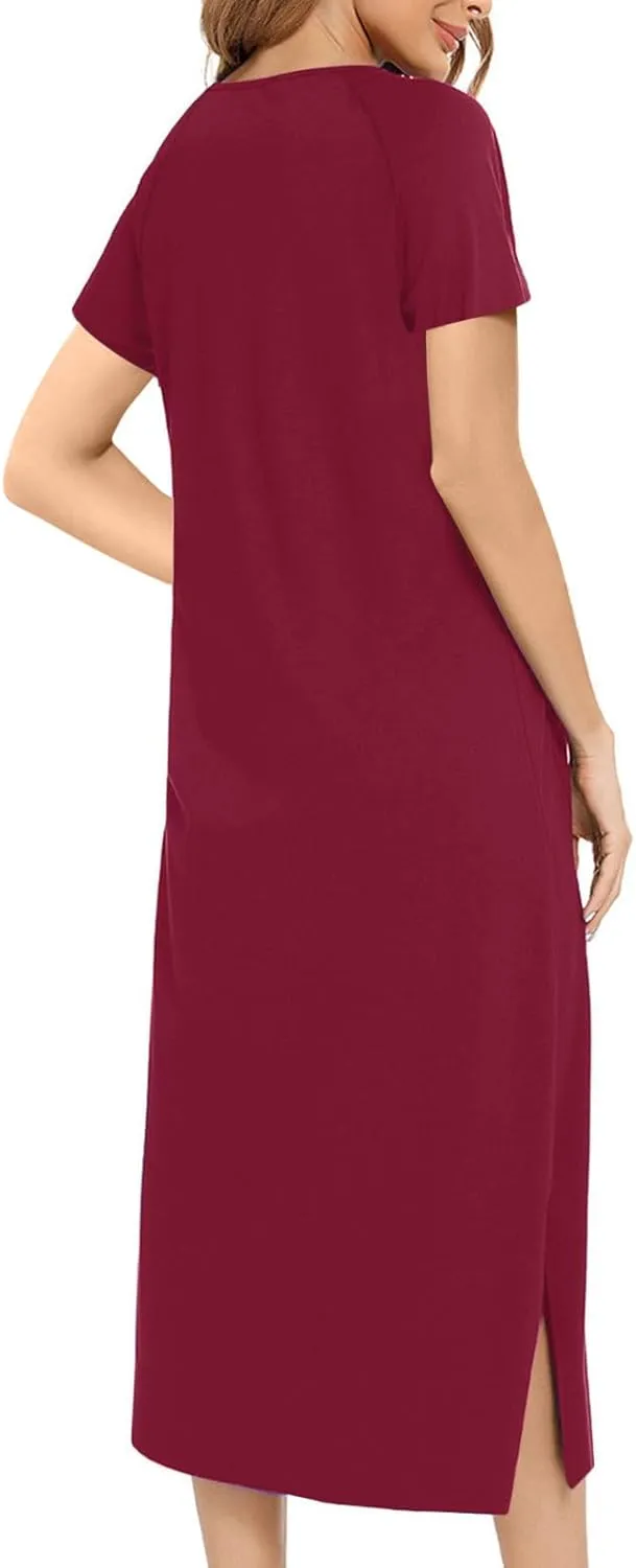 Nightgowns for Women with Pockets Zip up Short Sleeve Split Hem Solid Pajamas Dress Loose Comfy Loungewear Sleepshirt