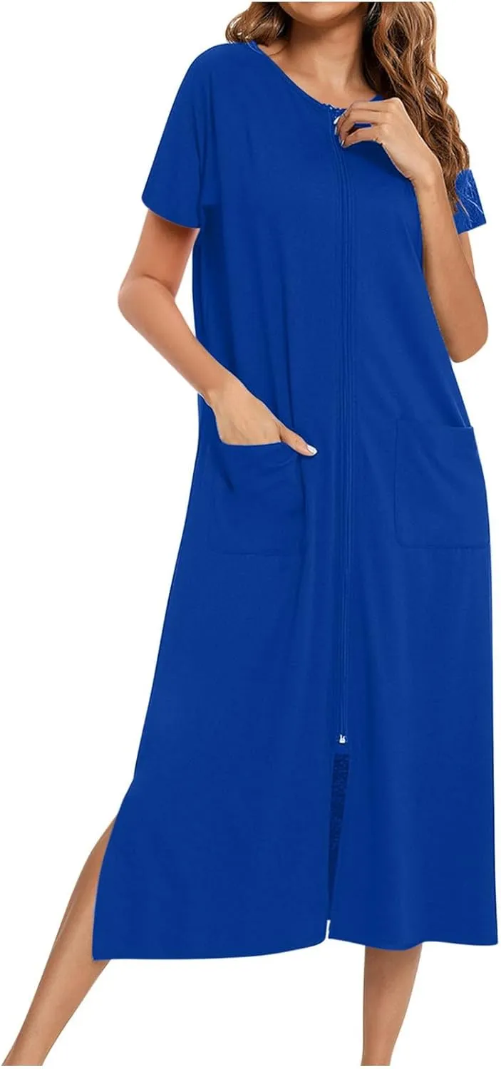 Nightgowns for Women with Pockets Zip up Short Sleeve Split Hem Solid Pajamas Dress Loose Comfy Loungewear Sleepshirt