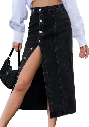 Nihsatin Women's Button Front Split Denim Midi Skirt High Waist Slim Fit Pencil Skirt