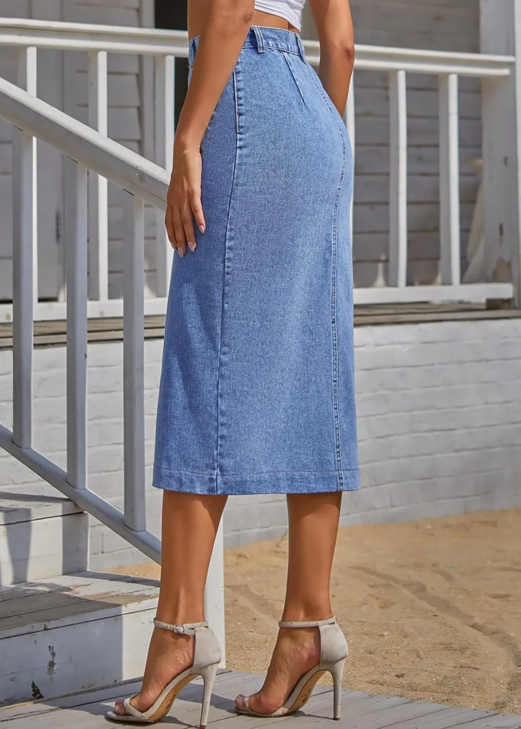 Nihsatin Women's Button Front Split Denim Midi Skirt High Waist Slim Fit Pencil Skirt