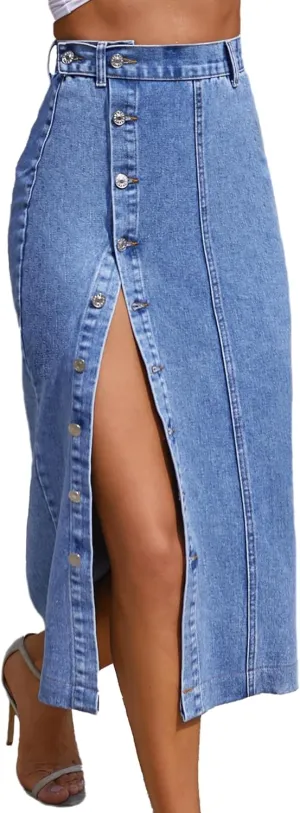 Nihsatin Women's Button Front Split Denim Midi Skirt High Waist Slim Fit Pencil Skirt