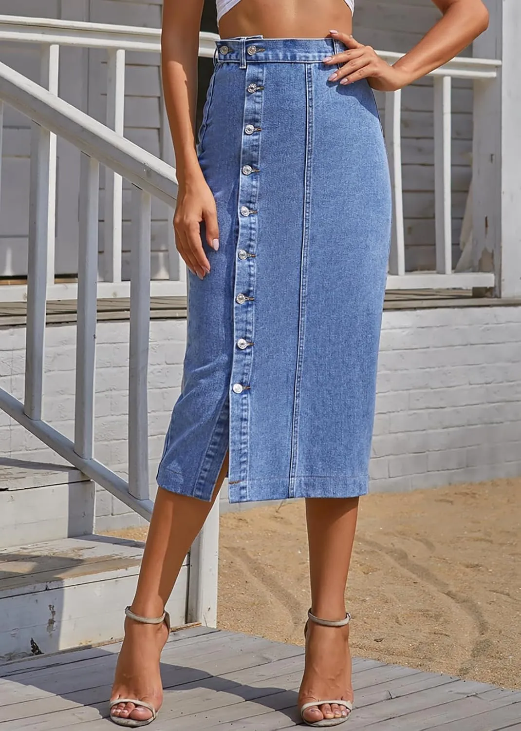 Nihsatin Women's Button Front Split Denim Midi Skirt High Waist Slim Fit Pencil Skirt