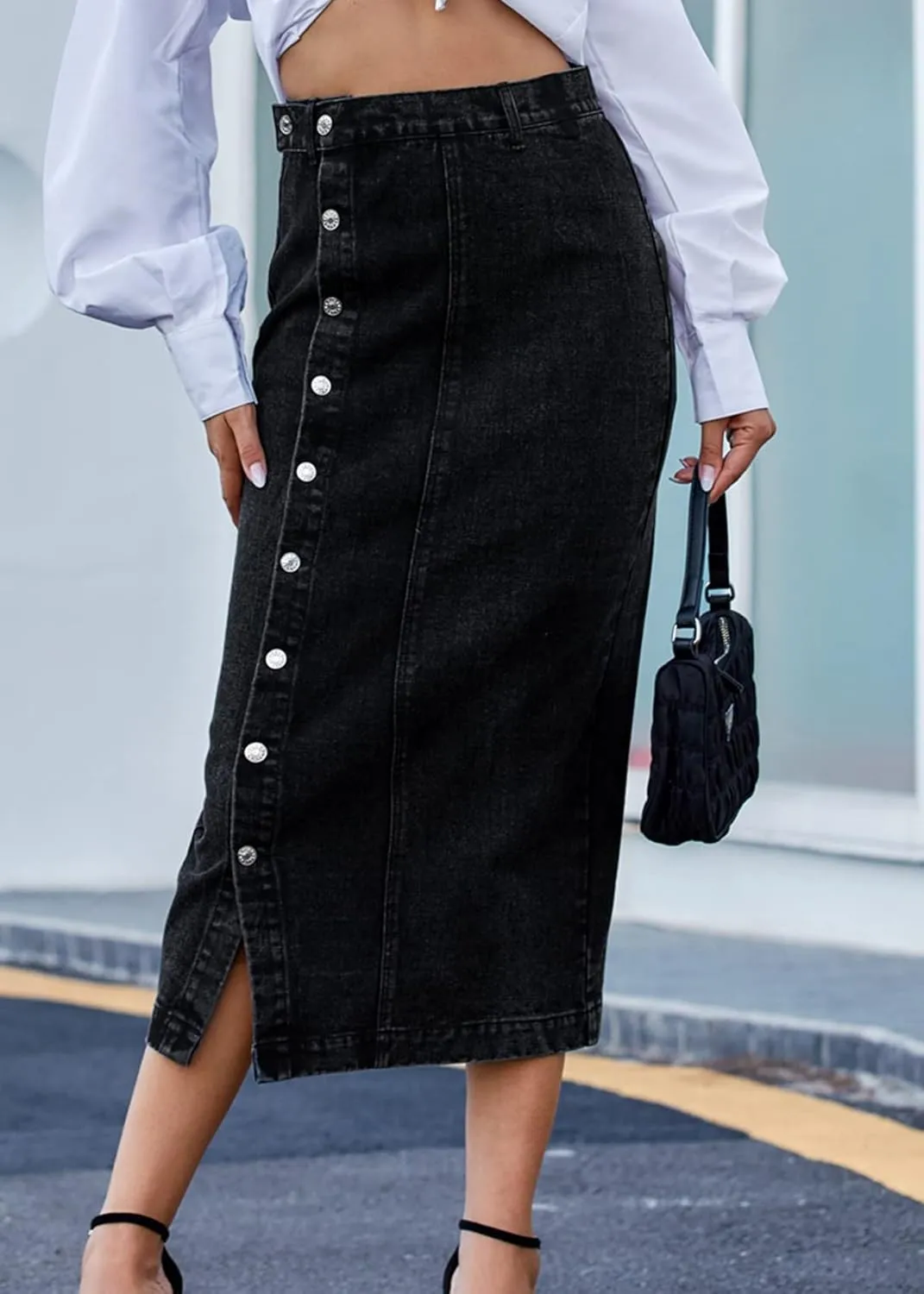 Nihsatin Women's Button Front Split Denim Midi Skirt High Waist Slim Fit Pencil Skirt