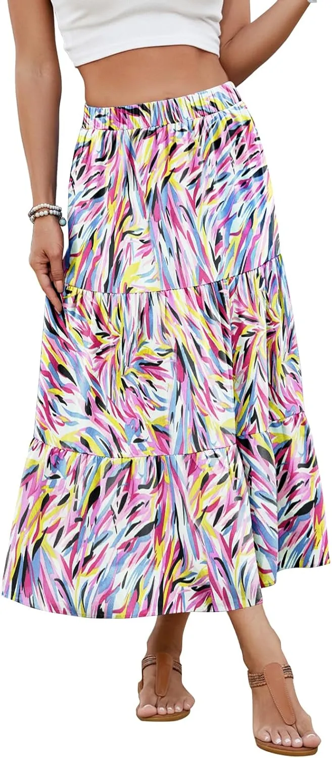 NILOUFO Women Casual Midi Skirt High Waist Trendy Tiered Pleated Skirts with Pockets