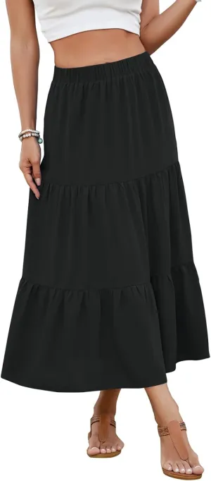 NILOUFO Women Casual Midi Skirt High Waist Trendy Tiered Pleated Skirts with Pockets