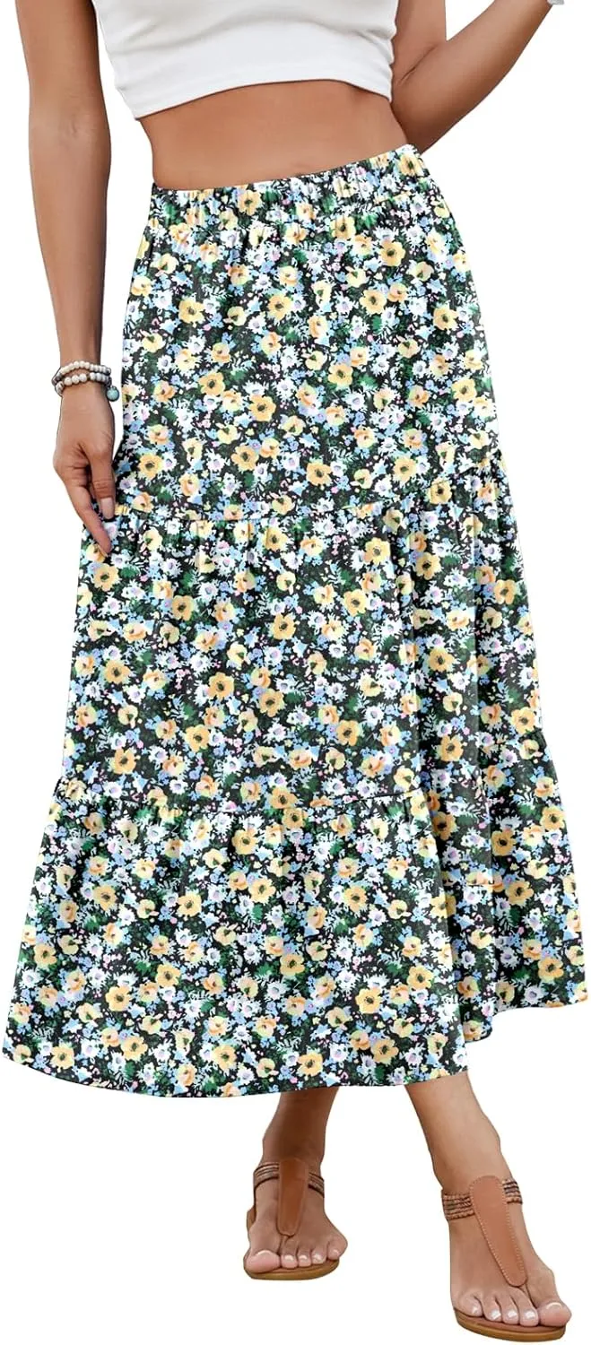 NILOUFO Women Casual Midi Skirt High Waist Trendy Tiered Pleated Skirts with Pockets
