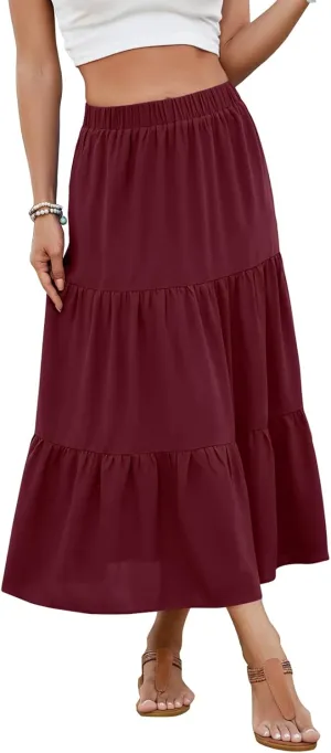 NILOUFO Women Casual Midi Skirt High Waist Trendy Tiered Pleated Skirts with Pockets