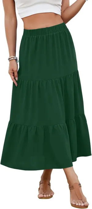 NILOUFO Women Casual Midi Skirt High Waist Trendy Tiered Pleated Skirts with Pockets