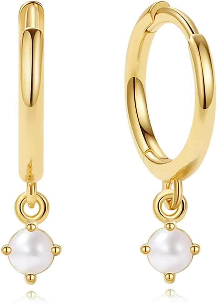 NIVANA 14K Gold Plated Pearl Hoop Earrings for Women, Tiny Pearl Huggie Earrings, Small Pearl Drop Earrings, Pearl Earrings Dangle, Pearl Wedding Earrings, Pearl Bridal Earrings, Pearl Statement Earrings