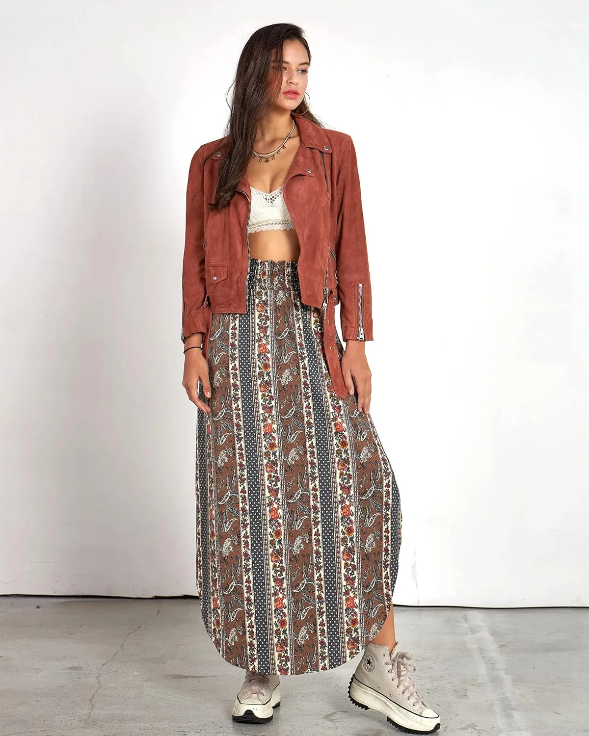 noflik Womens Paisley Pattern Curved Hem Flowy Maxi Skirts