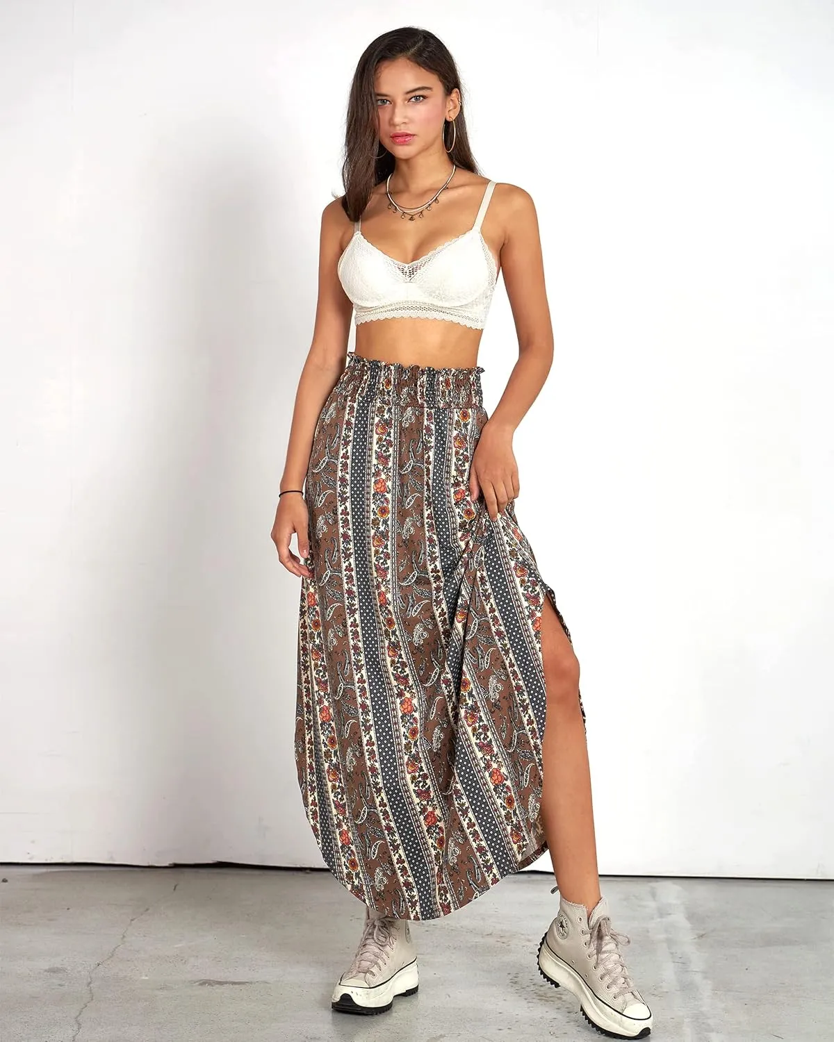 noflik Womens Paisley Pattern Curved Hem Flowy Maxi Skirts