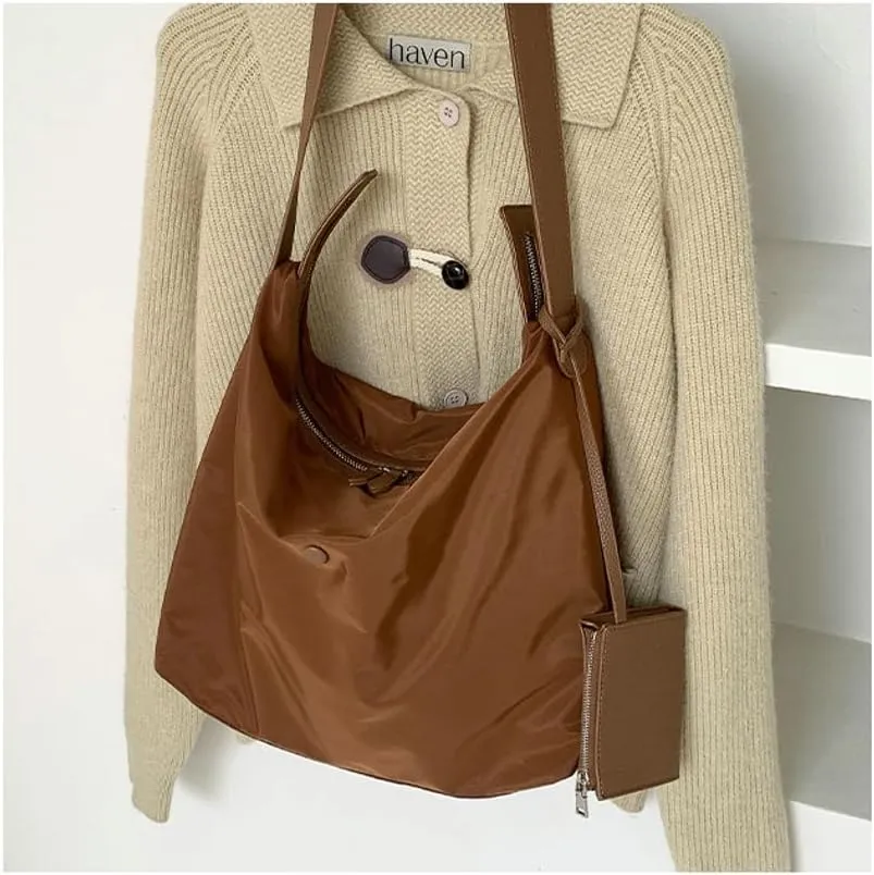 Nylon Tote Bags for Women 2Pcs Large Waterproof Crescent Shoulder Purse Underarm Hobo Bags Travel Work Tote handbag