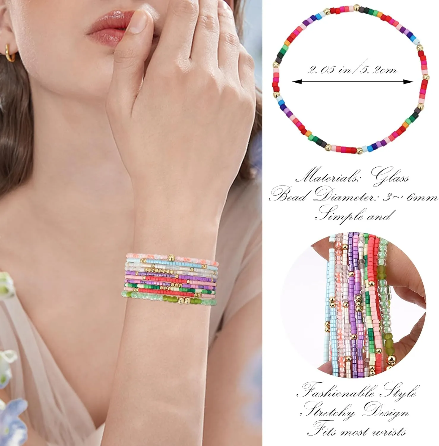 Ornaland 2 Pcs Beaded Bracelets Boho Bracelets Surfer Bracelets Stackable Elastic Bracelet Set Handmade Seed Bead Bracelet Women Gift Jewelry
