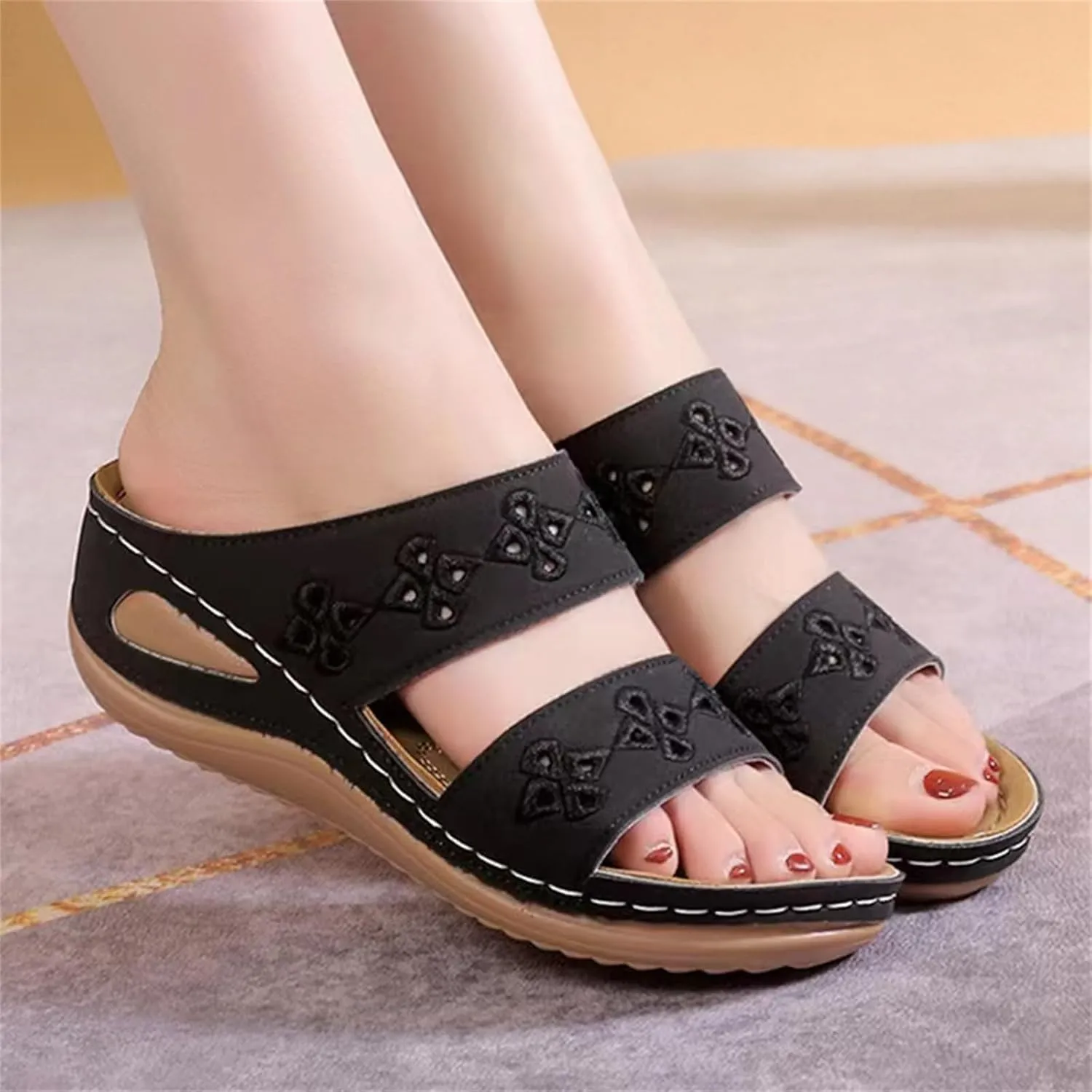 Orthopedic Sandals for Women, Open Toe Slip On Slippers with Arch Support, Comfortable Wedge Sandal, Bohemian Embroidered Sandals Summer Vacation Shoes Barefoot Footwear Soft Casual Shoes for Beach