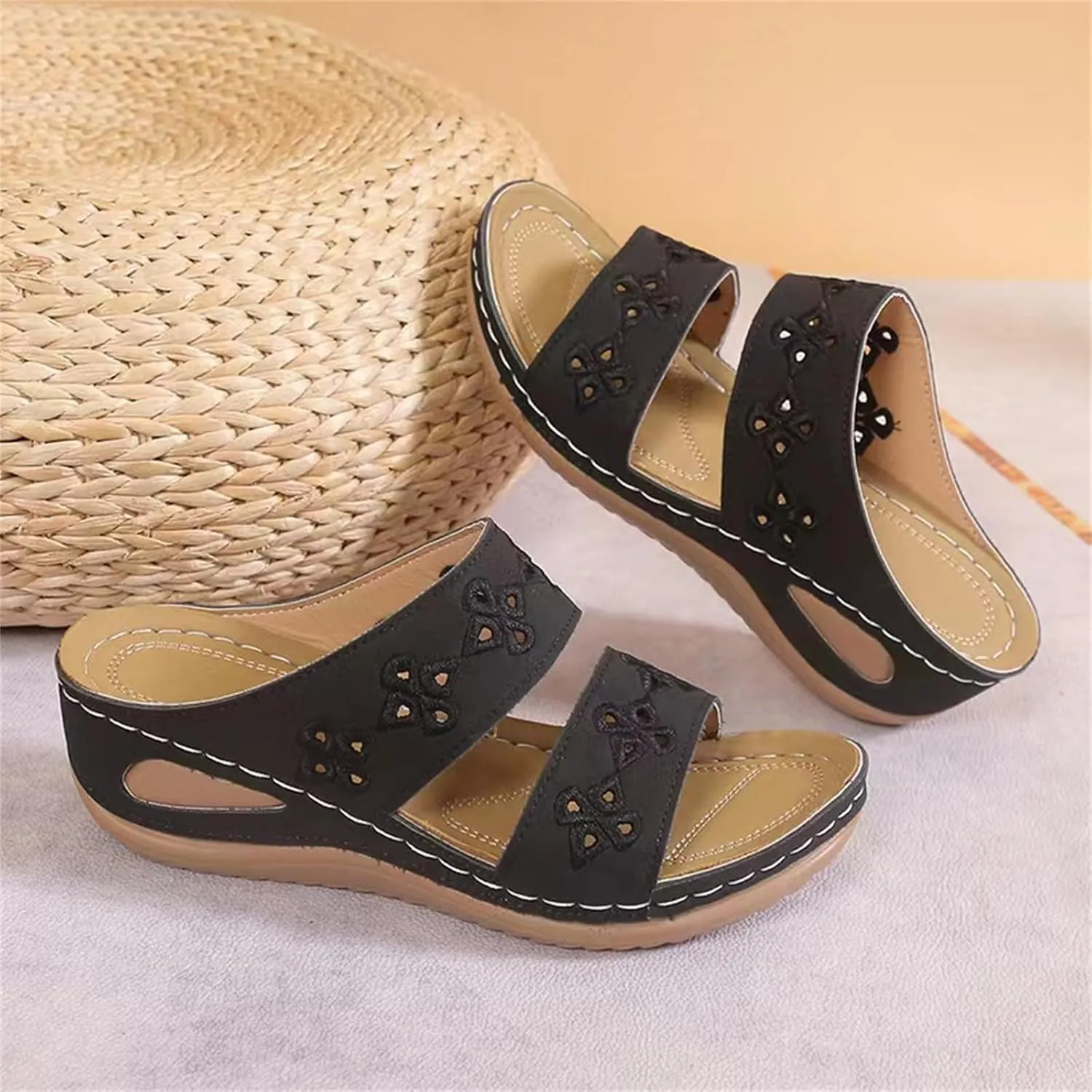 Orthopedic Sandals for Women, Open Toe Slip On Slippers with Arch Support, Comfortable Wedge Sandal, Bohemian Embroidered Sandals Summer Vacation Shoes Barefoot Footwear Soft Casual Shoes for Beach
