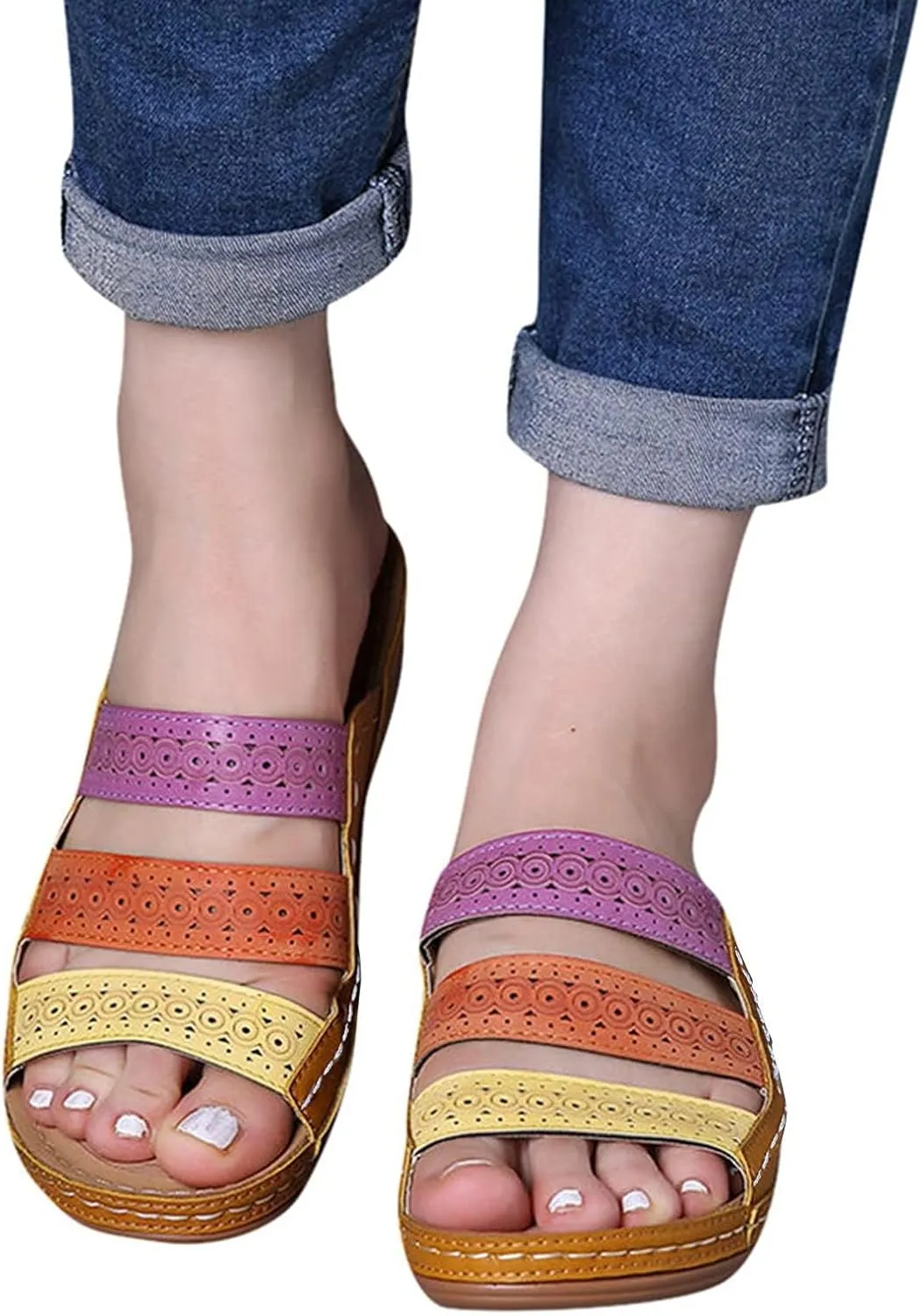 Orthopedic Sandals for Women Wide Width Color Block Leather Walking Beach Shoes Slip On Arch Support Fish Mouth Slippers
