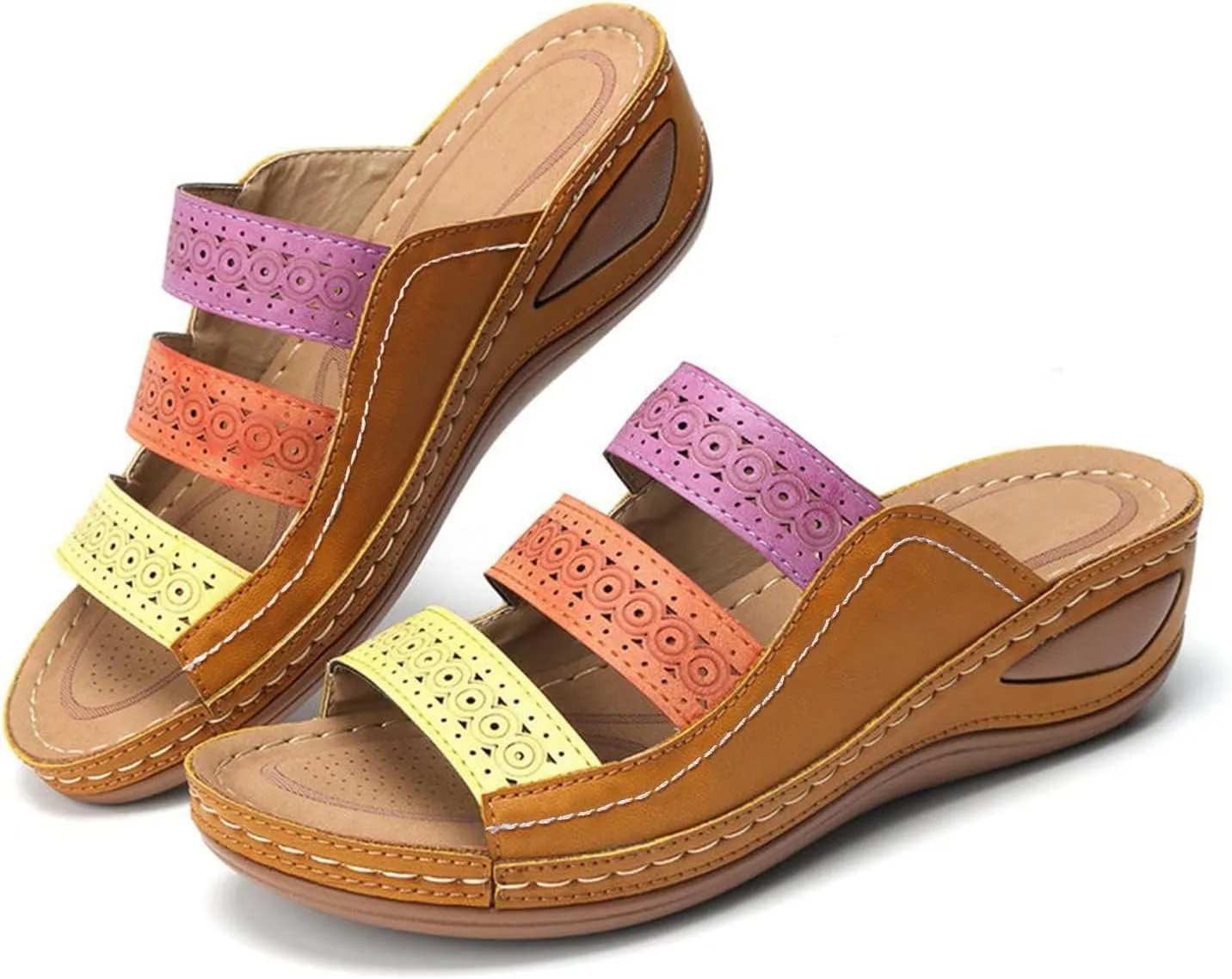 Orthopedic Sandals for Women Wide Width Color Block Leather Walking Beach Shoes Slip On Arch Support Fish Mouth Slippers