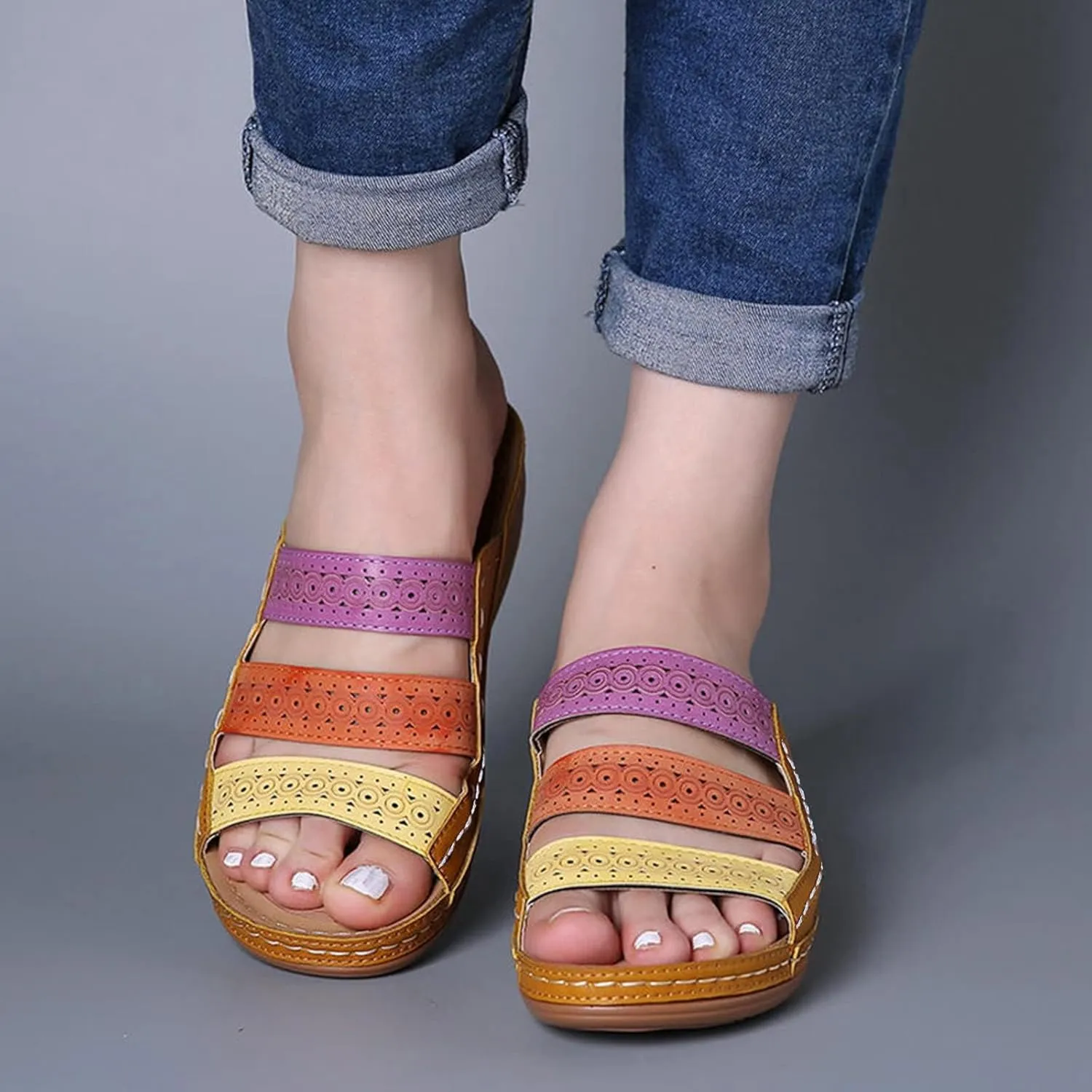 Orthopedic Sandals for Women Wide Width Color Block Leather Walking Beach Shoes Slip On Arch Support Fish Mouth Slippers