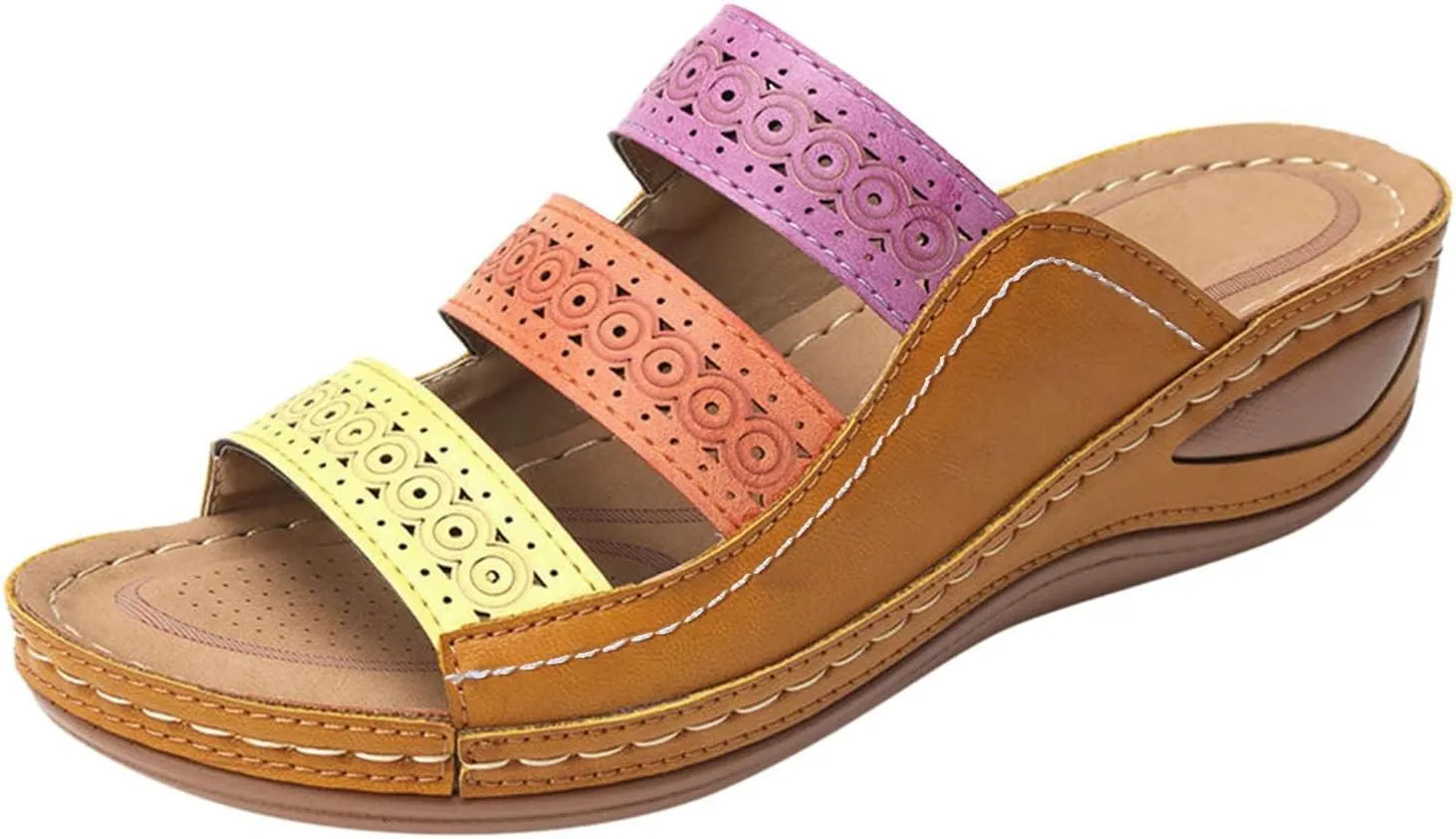 Orthopedic Sandals for Women Wide Width Color Block Leather Walking Beach Shoes Slip On Arch Support Fish Mouth Slippers