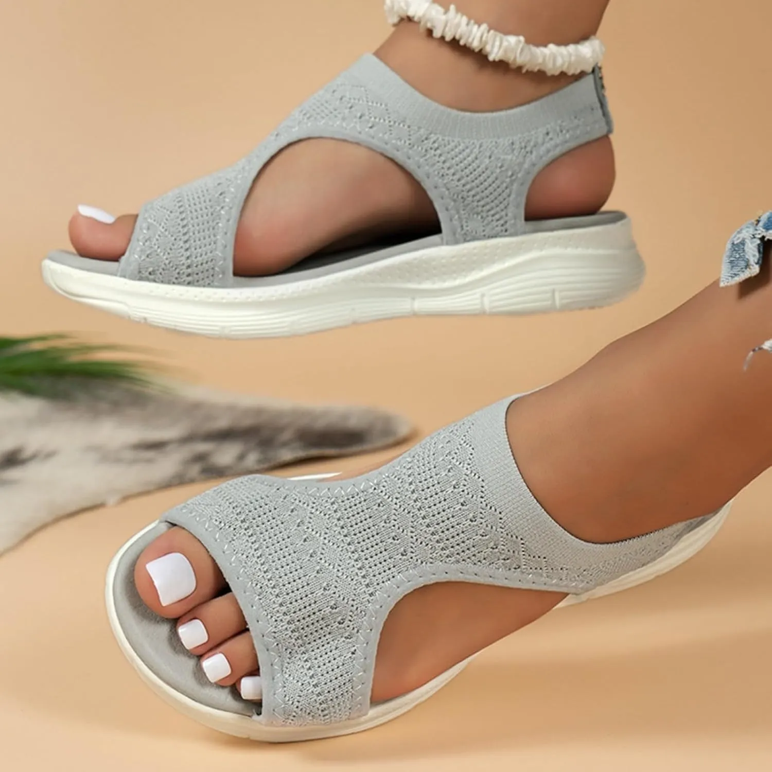 Orthopedic Sandals Women Arch Support Walking Sandals Comfortable Plantar Fasciitis Sport Sandal Mesh Thick-Soled Fishmouth Flying Woven Dress Sports Athletic Open Toe Non-Slip Platform Shoes