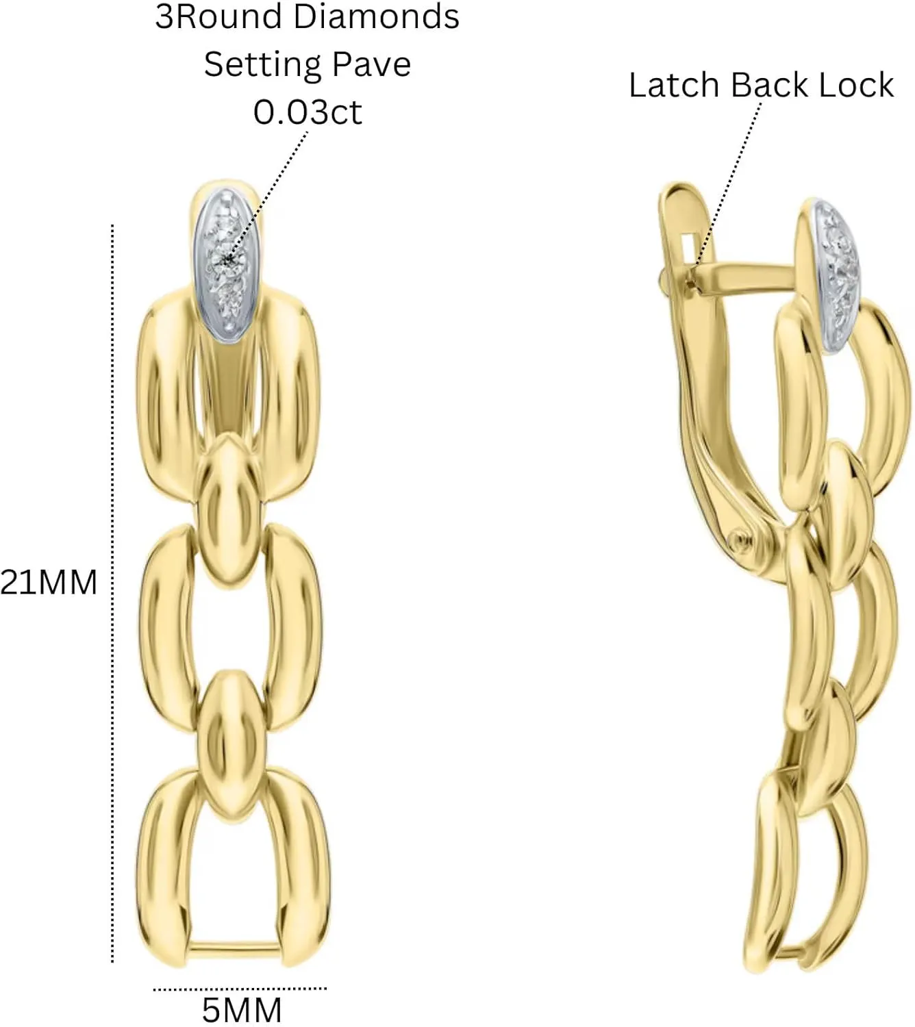 Oval Link Linear Drop Dangle Earring, 14k Gold Cuban Chain Link Earring, Diamond (0.06ct) PaperClip Chain, Earrings for Women.