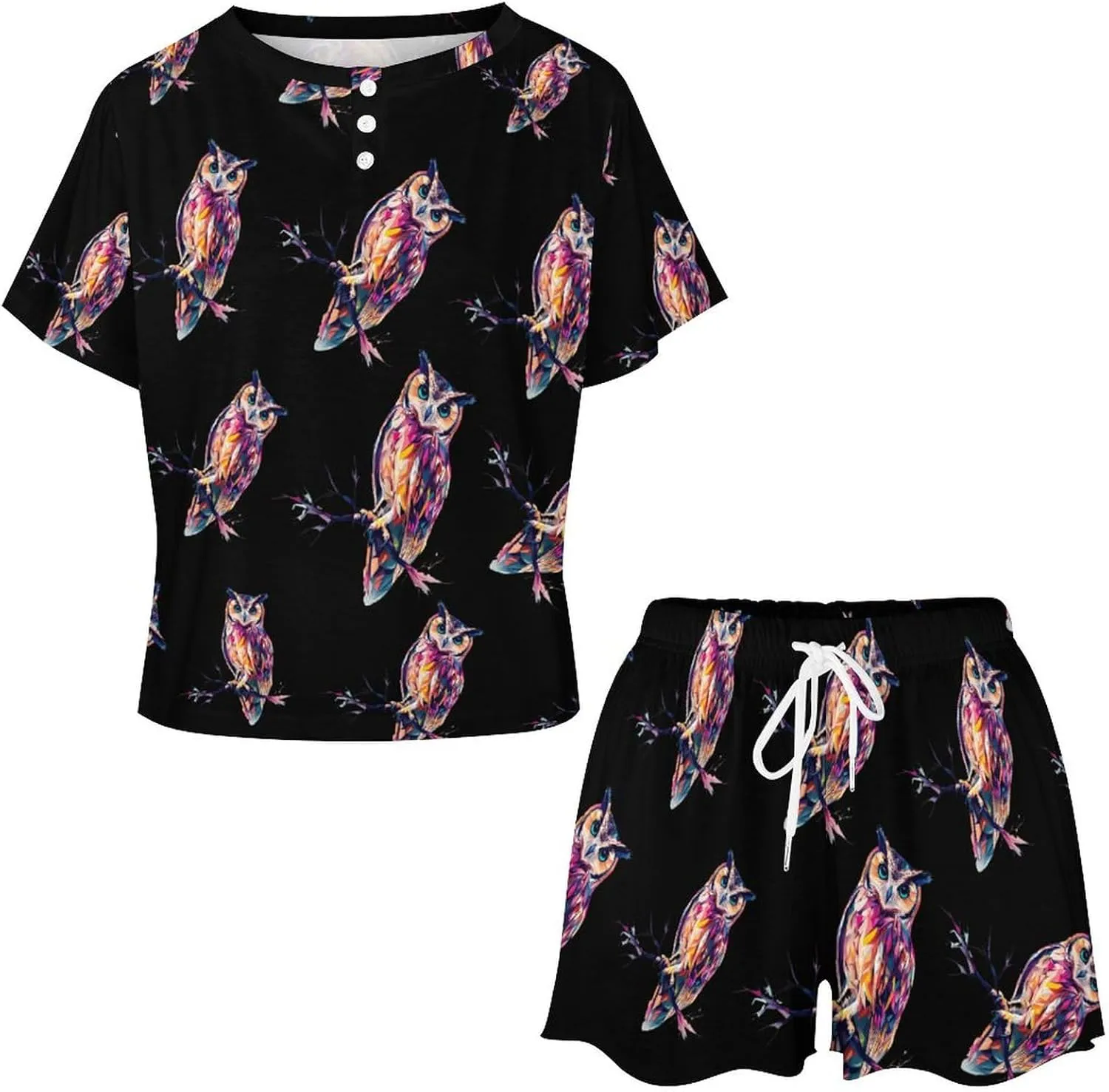 Owl Perched On A Tree Branch Pajamas for Women Set Short Sleeve Top And Shorts Lounge Sleepwear Loungewear 2Pcs Pj Sets