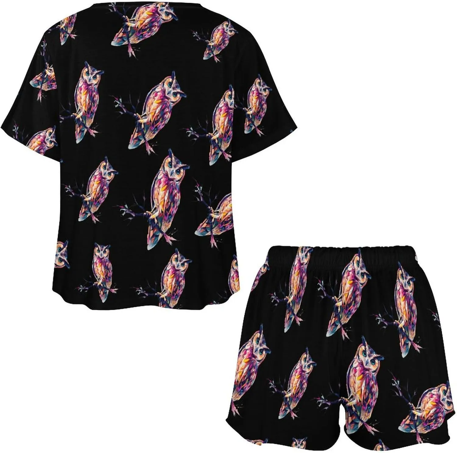 Owl Perched On A Tree Branch Pajamas for Women Set Short Sleeve Top And Shorts Lounge Sleepwear Loungewear 2Pcs Pj Sets