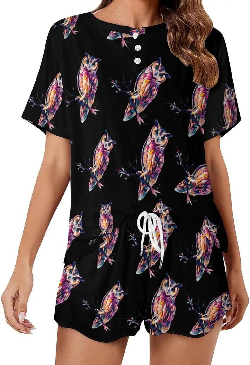 Owl Perched On A Tree Branch Pajamas for Women Set Short Sleeve Top And Shorts Lounge Sleepwear Loungewear 2Pcs Pj Sets