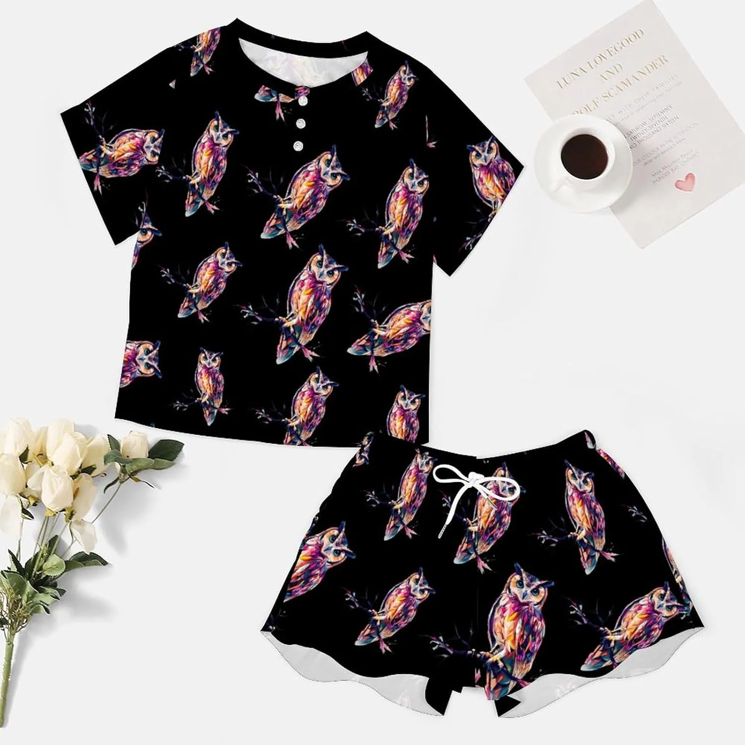 Owl Perched On A Tree Branch Pajamas for Women Set Short Sleeve Top And Shorts Lounge Sleepwear Loungewear 2Pcs Pj Sets