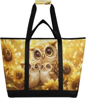 Owl Sunflower Gold Large Insulated Reusable Tote Bag for Grocery Shopping for Women Men, Cooler Bag with Zippered Top & Handles for Travel Beach Picnic