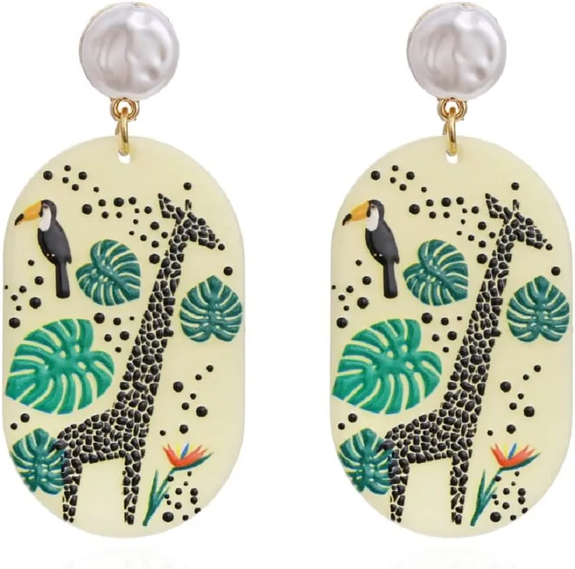 Parrot Bird Earrings for Women, Cute Giraffe Animal Earrings for Womens, Green Palm Leaf Dangle Earrings Hypoallergenic, Lotus Flower Drop Earrings, Zinc, No Gemstone